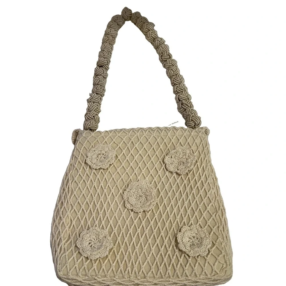 For Love & Lemons Romantic Coquette Knit Crochet Purse Cream Rosettes Cottage